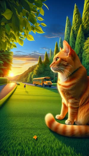 Tranquil Ginger Cat Watching School Bus on Sunny Summer Day