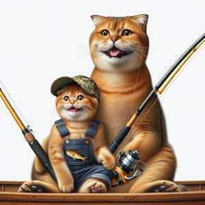 Ginger Scottish Fold Cat and Kitten Fishing in Boat