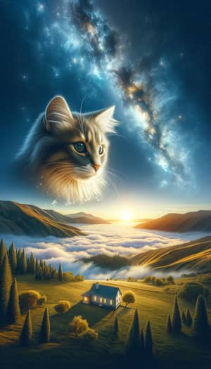 Hyperrealistic Cat Gazing Down at Old Home in Breathtaking Sky Scene