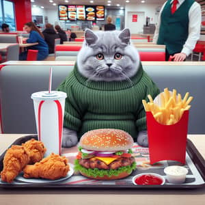 Fat British Kitten Eating in Fast Food Restaurant