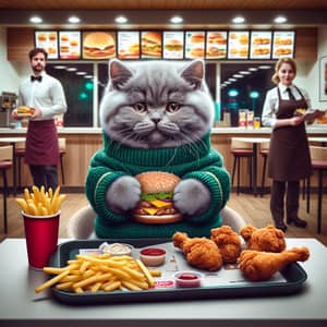 Chubby Grey British Kitten in Green Sweater Enjoying Fast Food