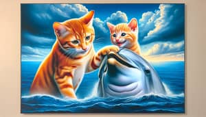 Ginger Cat and Kitten Petting Dolphin by the Sea
