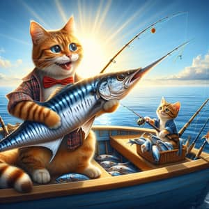 Jovial Ginger Father Scot Cat and Kitten Fishing Scene | Realism, Hyperrealism, Photorealism
