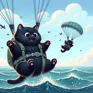 Chubby Black Cat and Kitten Parachute Adventure
