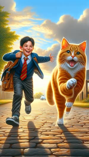 Ginger Cat Running to 8-Year-Old Boy in School Uniform | Realistic High-Resolution Painting