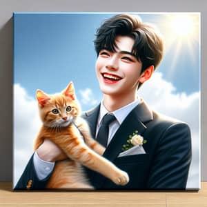 Handsome 15-Year-Old Boy Graduation Photo with Ginger Cat in Beautiful Weather