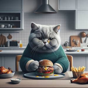 Realistic British Shorthair Kitten in Green Sweater Eating Meal