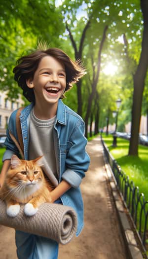 Joyful 12-Year-Old Boy Walking in Park with Ginger Cat | Realistic Scene