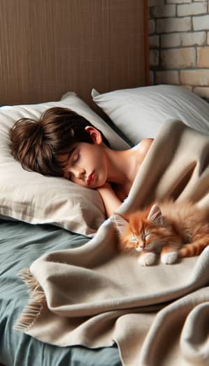 Beautiful 8-Year-Old Boy Sleeping with Ginger Kitten | Realistic Photo