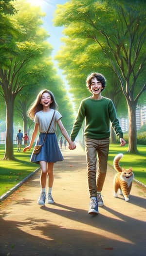 Realistic Depiction of a Charming Young Boy and Girl in a Lush Park Setting