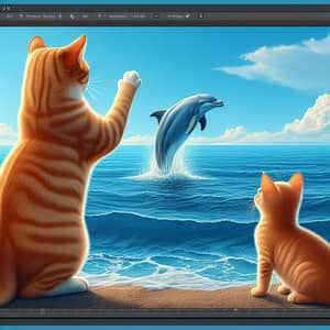 Ginger Cat and Kitten Watching Dolphin in Blue Sea