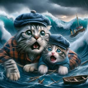 Scared Scottish Cat and Kitten Sinking in Blue Waves
