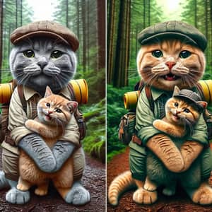 Realistic Grey Cat and Ginger Kitten Hiking Duo in Forest