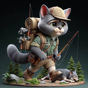 Adventurous Grey Cat with Rifle and Wolf in Forest
