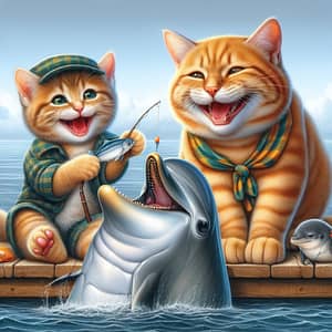 Ginger Scottish Cat & Kitten Feed Dolphin on Sea Dock