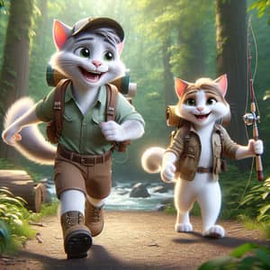 Animated Male and Female Cats in Explorer's Attire Walking in Forest