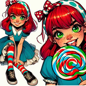 Cheeky Comic Book Girl Character with Red Hair and Lollipop