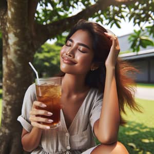 Refreshed South Asian Woman Enjoying Iced Tea Outdoors