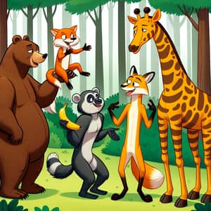 Lively Forest Scene: Bear, Fox, Monkey, Giraffe, Tiger Interaction