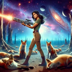 Latina Girl with Futuristic Blaster Weapon and Cosmic Sky