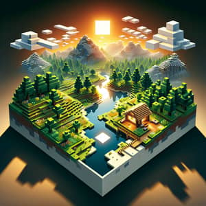 Minecraft Scene: Pixelated Landscape with Wooden House and River