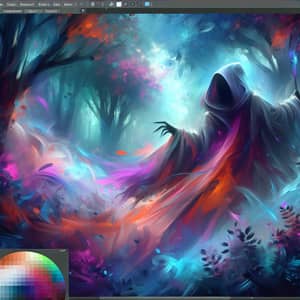 Dynamic Mysterious Figure in Vibrant Misty Forest