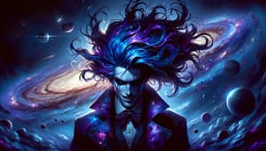 Galactic Universe Gazing Young Man with Blue and Purple Hair