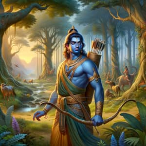 Ancient Indian Epic Ramayana Scene: Tranquil Rama in Mystical Forest