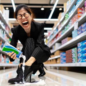 Asian Woman Playfully Squeezes Toothpaste in Supermarket