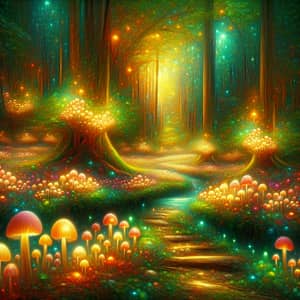 Mystical Forest with Glowing Mushrooms and Hidden Pathway