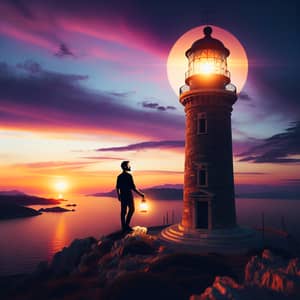 Majestic Lighthouse at Sunset with Caretaker Silhouette