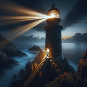 Twilight Lighthouse with Caretaker: Guiding Seafarers
