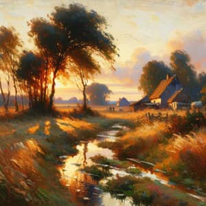 Tranquil Countryside Sunset Scene in Impressionism Style