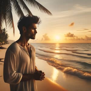 Tranquil Sunset Scene with South Asian Man on Sandy Beach