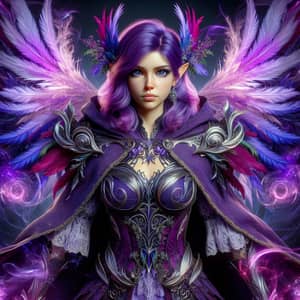 Fantasy Female Character with Vibrant Purple Hair and Magical Feathers