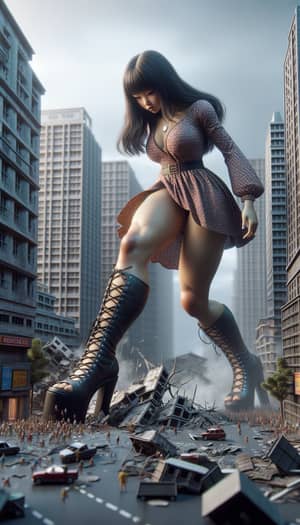 Colossal South Asian Giantess Dominates Miniature City in Ruins