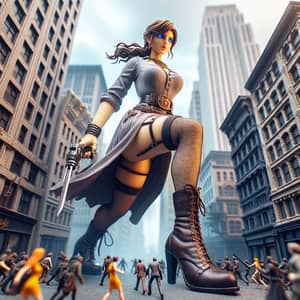 Colossal Female Adventurer Striding Through Metropolis | Fantasy Action Genre