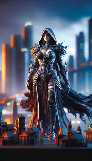 Powerful Female Adventurer in Fantasy Cityscape Artwork