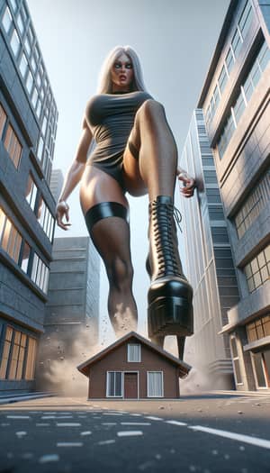 Imposing Woman Towering Over Modern Village - 3D Modeling Spectacle