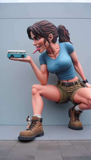 Gigantic Lara Croft Holds Tiny Bus | Fun & Playful Image