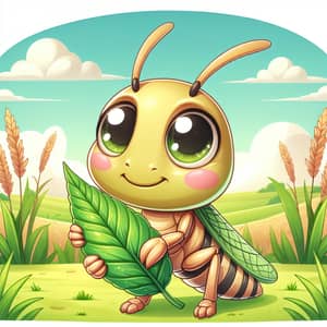 Adorable Locust Illustration with Friendly Smile on Green Leaf