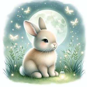Moonlit Meadow: Charming Rabbit and Fireflies Illustration