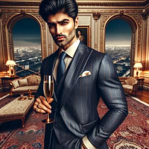 Luxury South Asian Gentleman in Tailor-Made Suit with Champagne