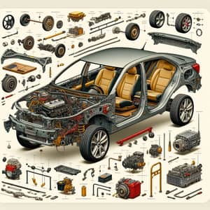 Essential Car Parts Depicted: Engine, Battery, Axles, Brakes...