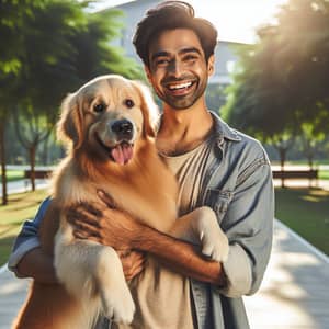 South Asian Man with Golden Retriever in Sunny Park