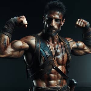 Battle-Scarrred Warrior Flexing Muscles