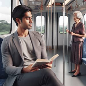 Man Ignoring Elderly Woman in Train Scene | Thought-provoking Image