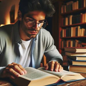 Diligent Hispanic Man Studying with Focus at Table of Books