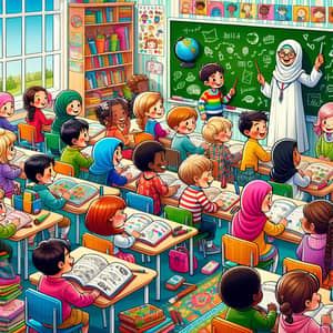 Colorful Classroom Illustration with Diverse Students and Teacher