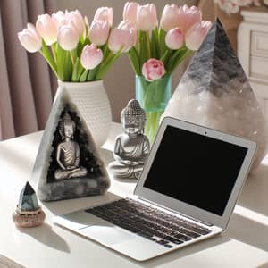 Shungite Crystal Pyramid on Desk | Buddha Figurine | Pink Tulips